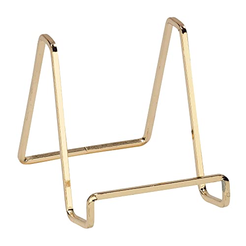 Square Metal Wire Stand, Brass Finish (4-Inch Depth) - Tabletop Easel Display - Handcrafted Edge Design For Sleek & Modern Look - Perfect for Books, Plates, Photos & More