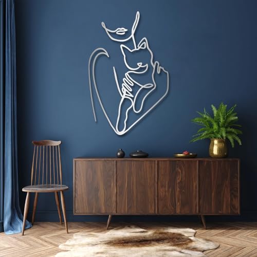 Cat Metal Wall Art - Metal Line Wall Art, Metal Women Line Art With Cat, Woman Holding Cat Metal Wall Art, Metal Line…