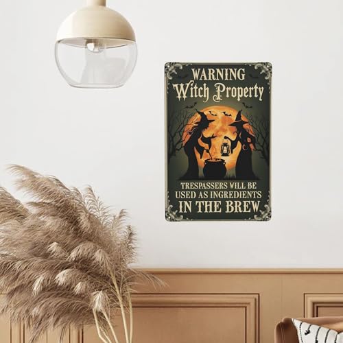 Metal Quote Wall Decor - 8x12 Inch Metal Sign Warning Witch Property Halloween Retro Farmhouse Wall Decor For…