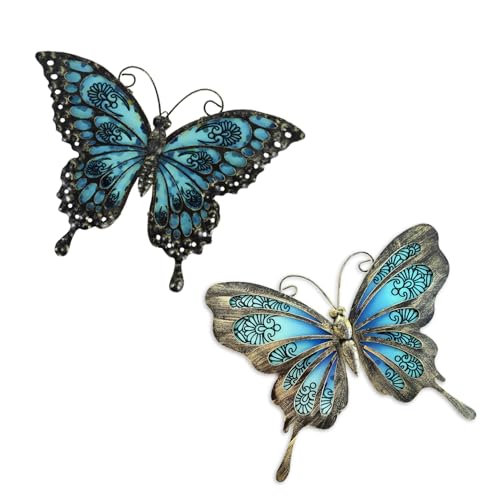 Hanwares Metal Butterfly Wall Decor,2Pack 12" Hanging Glass Butterfly Outdoor Decor,Garden Decorative Ornaments Outside for Home,Yard,Fence,Patio