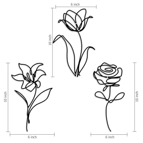 Hanwares Metal Flowers Wall Art Set of 3, Farmhouse Floral Home Decoration, Modern Line Art Flower Wall Decor for Living Room Bedroom Bathroom, Minimalist Botanical Wall Sculpture – Lily, Tulip, Rose