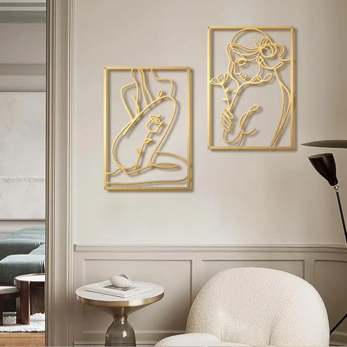 Gold Metal Wall Art - Hanwares Gold Metal Wall Art, Abstract Flower Line Sculpture, Gold Minimalist Modern Wall Decor…