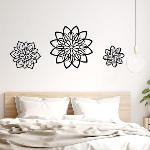 Hanwares 3 Pieces Metal Flowers Wall Decor, Black Wall Decors, Flower Art Wall Decor Farmhouse Wall Decoration Multiple Flowers Hanging Decor for Bathroom Living Room Garden Office (Black Elegant)