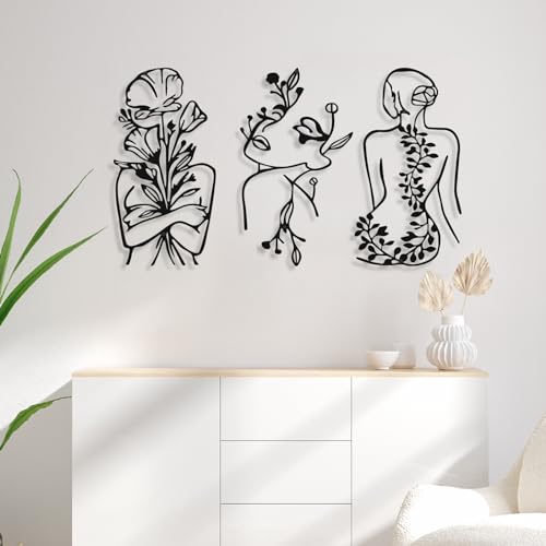Hanwares 3 Pcs Metal Wall Art Decor Minimalist Abstract Woman Wall Art Metal Modern Line Drawing Decor Female Single Line Home Hanging for Bedroom Bathroom Living Room Housewarming(Plant,Black)