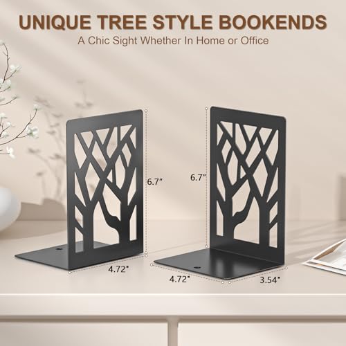 Modern Metal Bookends - Hanwares 6-Piece Modern Metal Bookends for Shelves, Black Tree Book Ends for Books, Decorative…