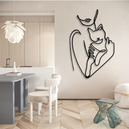 Cat Metal Wall Art - Metal Line Wall Art, Metal Women Line Art With Cat, Woman Holding Cat Metal Wall Art, Metal Line…