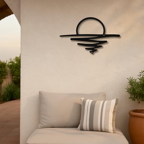 Hanwares Small Sunrise Metal Wall Art Mid Century Boho Decor Sunshine Minimalist Modern Sunset Interior Art Sun Wall Decor for Living Room Kitchen Bedroom, 16.93 x 7.09''(Black)