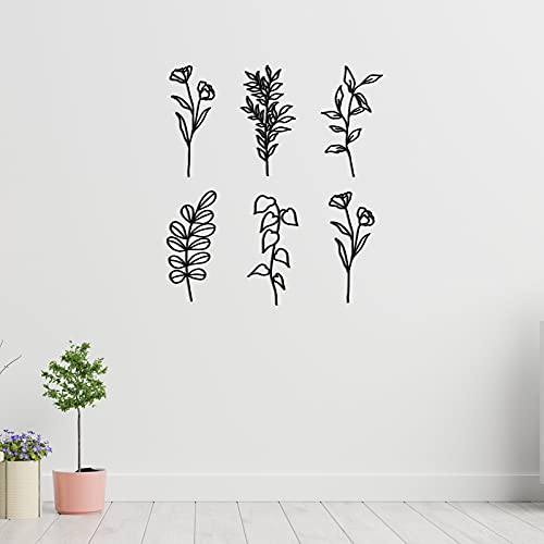 Hanwares 6 Pieces Metal Wall Art Minimalist Line Decor Flower Black Botanical Leaf Metal Art Modern Natural Floral Line Wall Decorations for Bedroom Living Room Bathroom Kitchen Outdoor