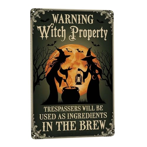 Metal Quote Wall Decor - 8x12 Inch Metal Sign Warning Witch Property Halloween Retro Farmhouse Wall Decor For…