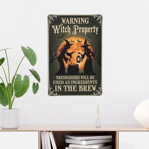 Metal Quote Wall Decor - 8x12 Inch Metal Sign Warning Witch Property Halloween Retro Farmhouse Wall Decor For…