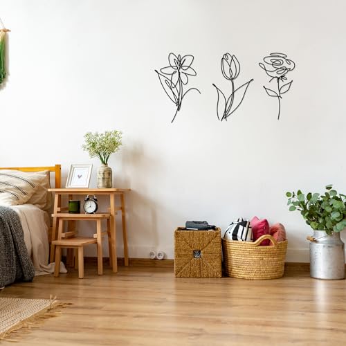 3 Set of Metal Flower Wall Decor 9.84 x 5.91 Inch Mother's Day Metal Wall Ornament Art Black Minimalist Wire Signs for Bedroom Patio Balcony Bathroom Office Restaurant Shop Presents Gifts