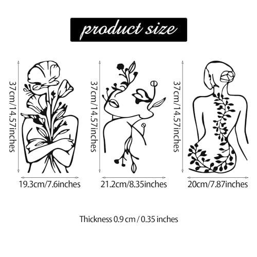 Hanwares 3 Pcs Metal Wall Art Decor Minimalist Abstract Woman Wall Art Metal Modern Line Drawing Decor Female Single Line Home Hanging for Bedroom Bathroom Living Room Housewarming(Plant,Black)
