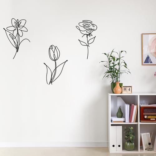 3 Set of Metal Flower Wall Decor 9.84 x 5.91 Inch Mother's Day Metal Wall Ornament Art Black Minimalist Wire Signs for Bedroom Patio Balcony Bathroom Office Restaurant Shop Presents Gifts