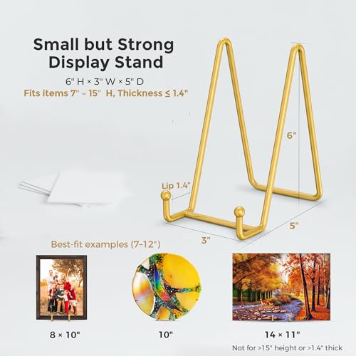 Hanwares Plate Stands for Display - 6 Inch Plate Holder Display Stand + Metal Frame Holder Stand for Picture, Decorative Plate, Photo Easel, Tabletop Art (Gold 2 Pack)