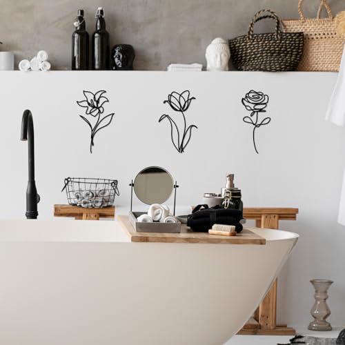 Hanwares Metal Flowers Wall Art Set of 3, Farmhouse Floral Home Decoration, Modern Line Art Flower Wall Decor for Living Room Bedroom Bathroom, Minimalist Botanical Wall Sculpture – Lily, Tulip, Rose