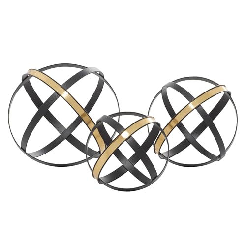Hanwares Metal Geometric Decorative Sculpture Home Decor Statues with Gold Accents, Set of 3 Accent Figurines 6", 5", 4"H, Black