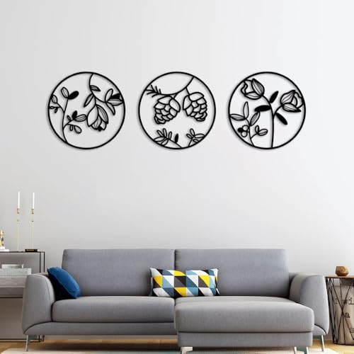 Botanical Metal Wall Art - Hanwares Botanical Metal Wall Art, Set of 3 Round Panels, Black Floral Design, Modern Home…