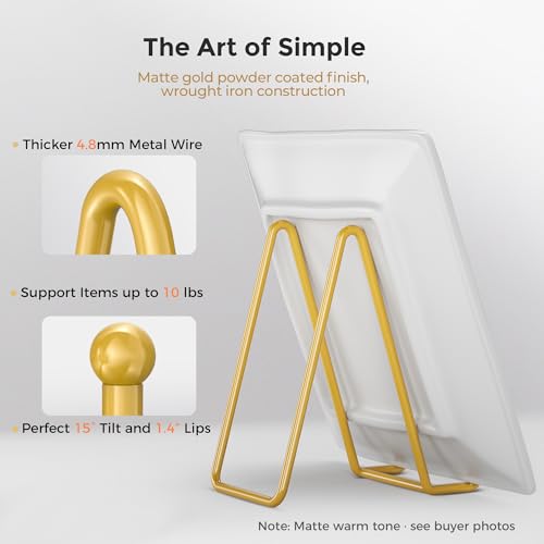 Hanwares Plate Stands for Display - 6 Inch Plate Holder Display Stand + Metal Frame Holder Stand for Picture, Decorative Plate, Photo Easel, Tabletop Art (Gold 2 Pack)