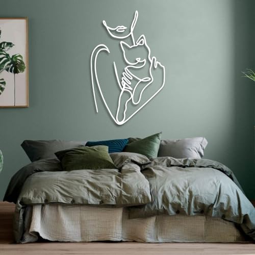 Cat Metal Wall Art - Metal Line Wall Art, Metal Women Line Art With Cat, Woman Holding Cat Metal Wall Art, Metal Line…