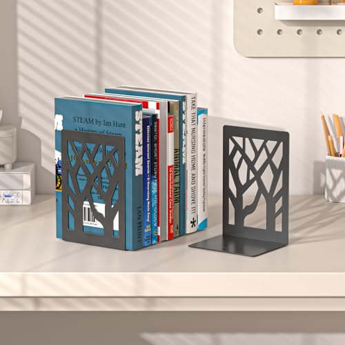 Modern Metal Bookends - Hanwares 6-Piece Modern Metal Bookends for Shelves, Black Tree Book Ends for Books, Decorative…