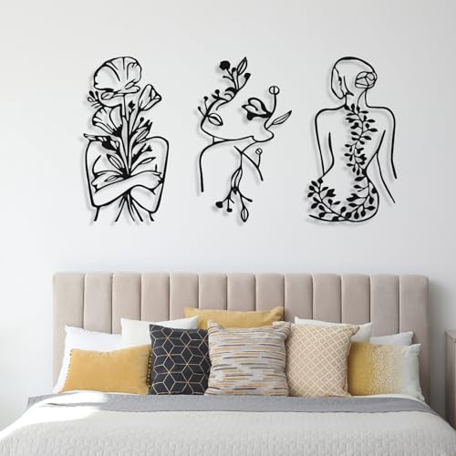 Hanwares 3 Pcs Metal Wall Art Decor Minimalist Abstract Woman Wall Art Metal Modern Line Drawing Decor Female Single Line Home Hanging for Bedroom Bathroom Living Room Housewarming(Plant,Black)
