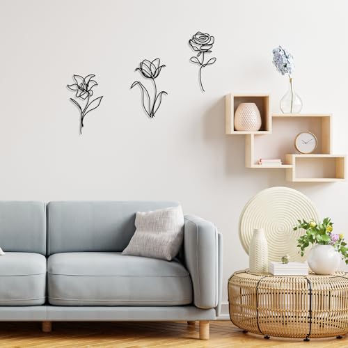 Hanwares Metal Flowers Wall Art Set of 3, Farmhouse Floral Home Decoration, Modern Line Art Flower Wall Decor for Living Room Bedroom Bathroom, Minimalist Botanical Wall Sculpture – Lily, Tulip, Rose