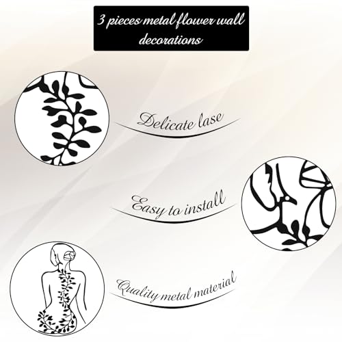 Hanwares 3 Pcs Metal Wall Art Decor Minimalist Abstract Woman Wall Art Metal Modern Line Drawing Decor Female Single Line Home Hanging for Bedroom Bathroom Living Room Housewarming(Plant,Black)