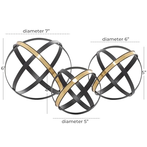 Hanwares Metal Geometric Decorative Sculpture Home Decor Statues with Gold Accents, Set of 3 Accent Figurines 6", 5", 4"H, Black