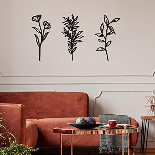 Hanwares 6 Pieces Metal Wall Art Minimalist Line Decor Flower Black Botanical Leaf Metal Art Modern Natural Floral Line Wall Decorations for Bedroom Living Room Bathroom Kitchen Outdoor