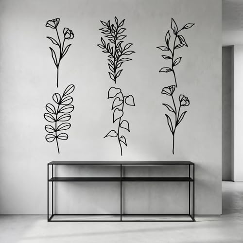 Hanwares 6 Pieces Metal Wall Art Minimalist Line Decor Flower Black Botanical Leaf Metal Art Modern Natural Floral Line Wall Decorations for Bedroom Living Room Bathroom Kitchen Outdoor