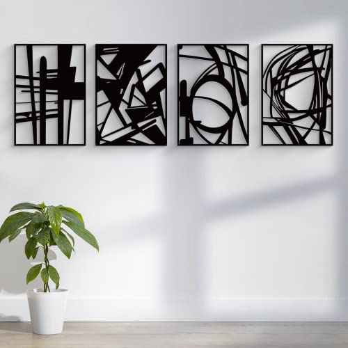 4 Pack Black Abstract Metal Wall Art, Minimalist Décor Single Line Art Wall Décor, 3D Textured Metal Wall Sculptures, for Living Room Bedroom Bathroom Study Room (Black Abstract, M Size 16 x 11'')