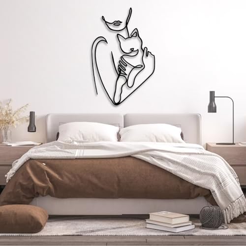 Cat Metal Wall Art - Metal Line Wall Art, Metal Women Line Art With Cat, Woman Holding Cat Metal Wall Art, Metal Line…