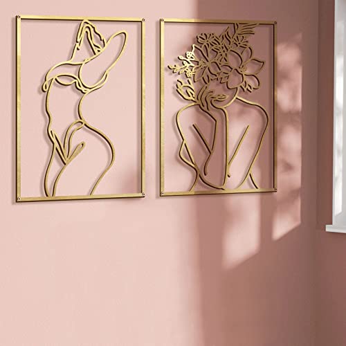 4 Pack Gold Wall Art Decor, Minimalist Single Line Real Metal Wall Art, Woman's Body Shape Abstract Wall Art (Gold Classic Style, 17 x 11.8'')