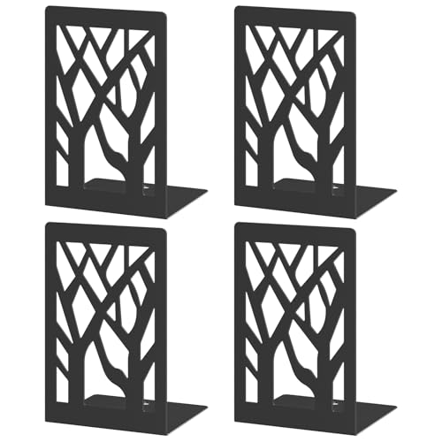 Modern Metal Bookends - Hanwares 4-Piece Modern Metal Bookends for Shelves, Black Tree Book Ends for Books, Decorative…