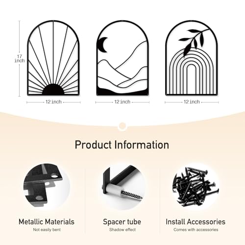 Boho Metal Wall Art - Hanwares Black Metal Boho Wall Decor, Modern Arch Sun and Mountain Wall Art, Bohemian Minimalist…