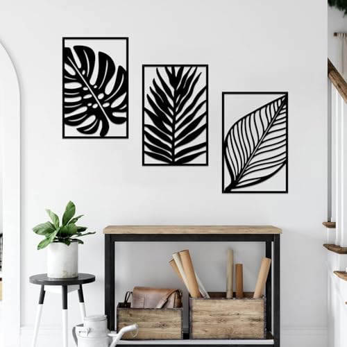 Boho Metal Wall Art - Hanwares 3 Pcs Boho Metal Wall Art Decor Leaf Sign Wall Vintage Tropical Plant Wall Rustic Palm…