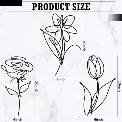 3 Set of Metal Flower Wall Decor 9.84 x 5.91 Inch Mother's Day Metal Wall Ornament Art Black Minimalist Wire Signs for Bedroom Patio Balcony Bathroom Office Restaurant Shop Presents Gifts