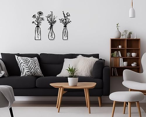Hanwares 3 Pieces Metal Flowers Wall Arts - Rustic Farmhouse Decor Black Minimalist Flower Wall Decors for Living room Bathroom Bedroom Dining Room - Housewarming Gifts(Black, Vase-C)