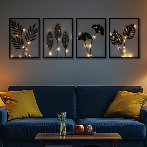 Hanwares Black Metal Wall Decor Framed, 3d Modern Metal Wall Art with Light, Minimalist Abstract Black Line Art DéCor, 4 Piece Home Art for Living Room Bedroom Bathroom