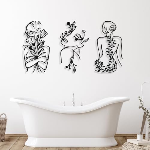 Hanwares 3 Pcs Metal Wall Art Decor Minimalist Abstract Woman Wall Art Metal Modern Line Drawing Decor Female Single Line Home Hanging for Bedroom Bathroom Living Room Housewarming(Plant,Black)
