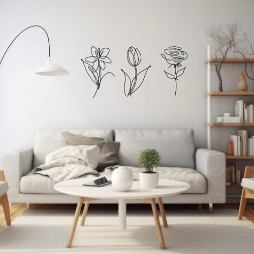3 Set of Metal Flower Wall Decor 9.84 x 5.91 Inch Mother's Day Metal Wall Ornament Art Black Minimalist Wire Signs for Bedroom Patio Balcony Bathroom Office Restaurant Shop Presents Gifts