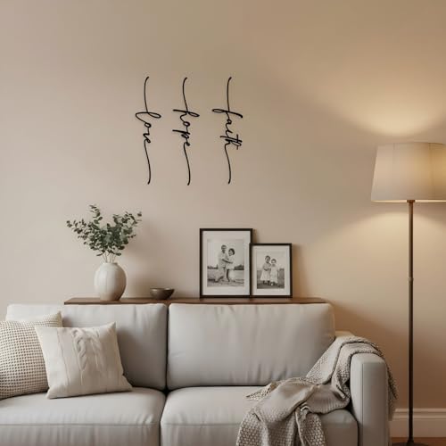 Hanwares Faith Hope Love Metal Wall Decor – 3 Pieces Modern Minimalist Wire Wall Art, Inspirational Metal Letter Sign Decor for Living Room, Bedroom, Bathroom, or Office
