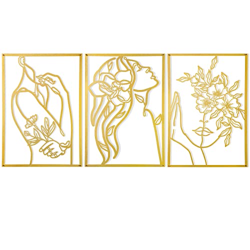 Hanwares 3 Pcs Gold Metal Wall Decor, Minimalist Floral Women Line Drawing Wall Art, Elegant Abstract Lady Silhouette Metal Wall Hanging for Home Bedroom Living Room