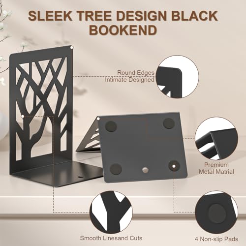 Modern Metal Bookends - Hanwares 4-Piece Modern Metal Bookends for Shelves, Black Tree Book Ends for Books, Decorative…