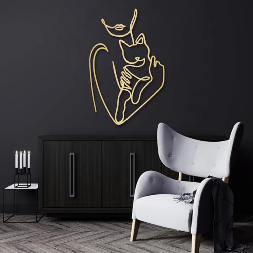 Cat Metal Wall Art - Metal Line Wall Art, Metal Women Line Art With Cat, Woman Holding Cat Metal Wall Art, Metal Line…