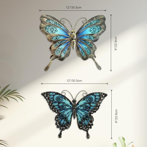 Hanwares Metal Butterfly Wall Decor,2Pack 12" Hanging Glass Butterfly Outdoor Decor,Garden Decorative Ornaments Outside for Home,Yard,Fence,Patio
