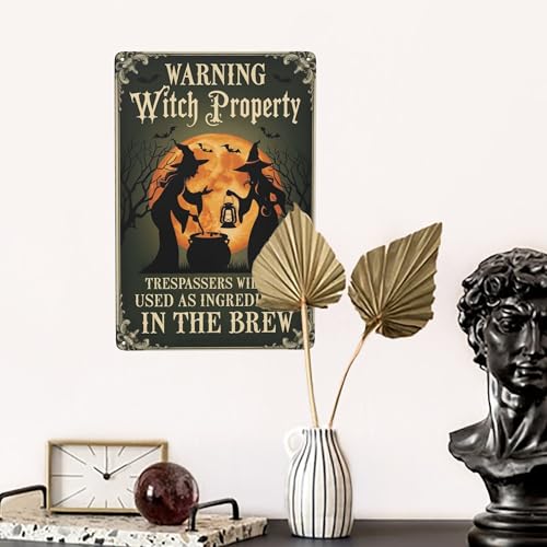Metal Quote Wall Decor - 8x12 Inch Metal Sign Warning Witch Property Halloween Retro Farmhouse Wall Decor For…