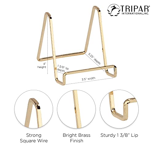 Square Metal Wire Stand, Brass Finish (4-Inch Depth) - Tabletop Easel Display - Handcrafted Edge Design For Sleek & Modern Look - Perfect for Books, Plates, Photos & More