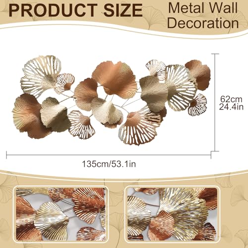 Gold Metal Wall Art - Hanwares Gold Metal Wall Decor 53" Large Metal Wall Art for Living Room | 3D Golden Ginkgo Leaves…