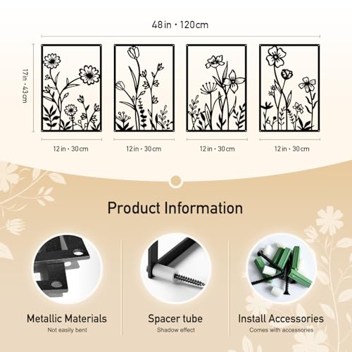 Hanwares Black Metal Flower Wall Decor, Minimalist Floral Botanical Wall Art, Abstract Line Boho Farmhouse Decor for Living Room, Bathroom, Bathroom, Office, Meaningful Gift (4 Pcs, 12x17 in)